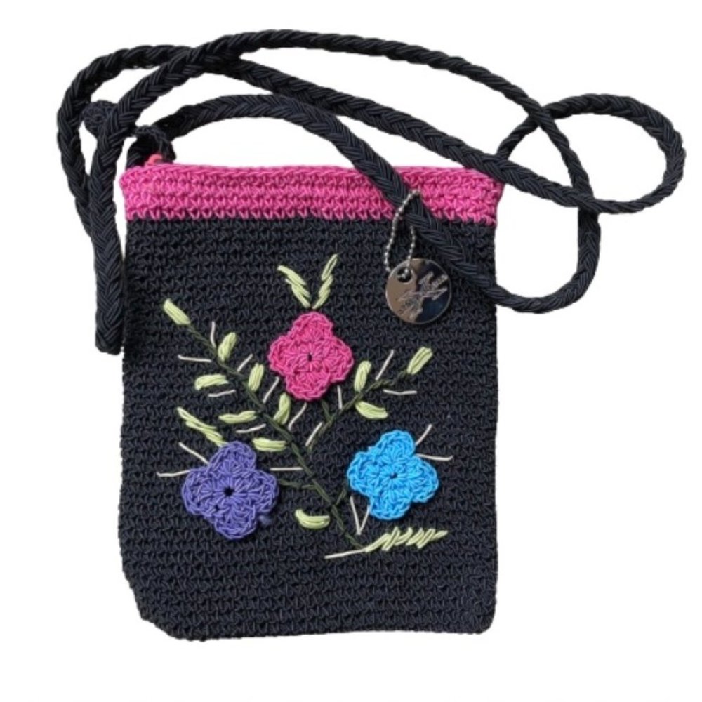 NWOT Xhilaration Black Flowered Macrame Crossover Mini Purse